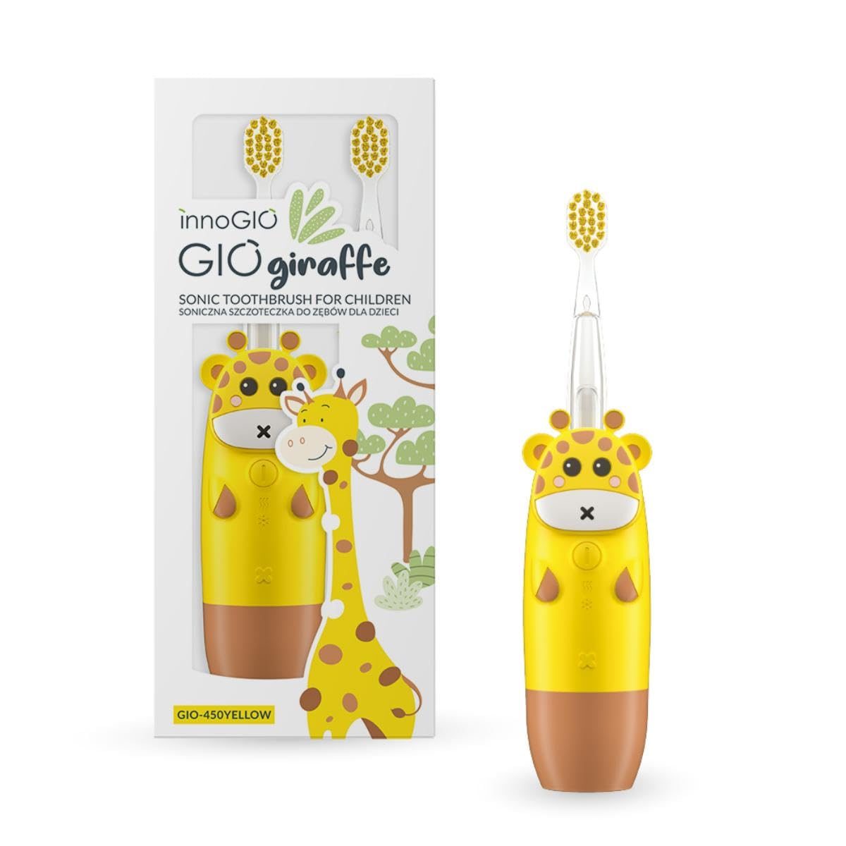 innoGIO Giogiraffe Elektrische Zahnbürste für Kinder, 7 Farben, Silikongriff, 4 Modi, Timer 2 min, geeignet für Kinder zwischen 2 und 12 Jahren, Gelb, AAA-Batterie nicht enthalten (Kopf im