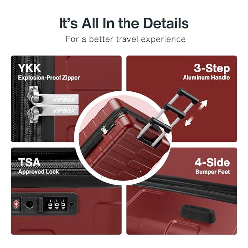 Vipbox Luggage Sets 3 Piece (3-Years VIP Service) Hardside Lightweight Expandable Ultra Durable Polycarbonate Carry On Travel Suitcase Set with TSA Lock Spinner Wheels, Wine Red image 2