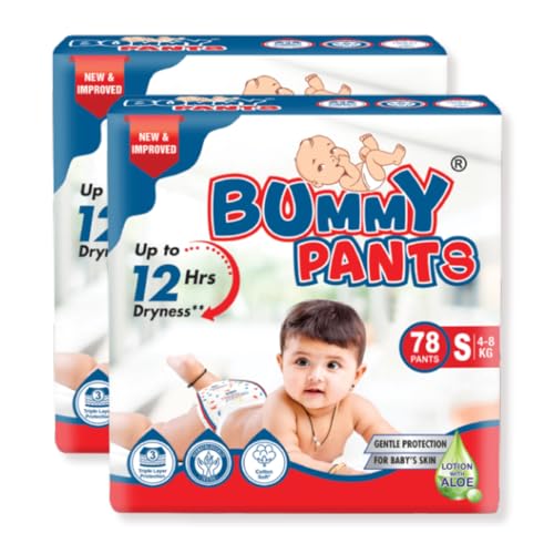 Image of BUMMY PANTS Baby Diapers - Soft & Comfortable with 5D Cross Core Technology, 360 Soft Elastic Waistband & Up to 12-Hour Absorption | S | Pack of 2 | 156 Pieces