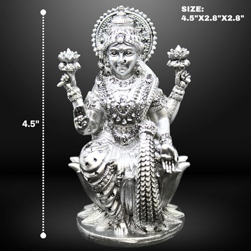 Image of Goddess Lakshmi Laxmi Devi MATA Idol - 4.5 Inches Polystone Material Murti - Colour- Brass, Silver - Perfect Statue for Car Dashboard, Home, and Office Decor Indian God Small Size (Silver)