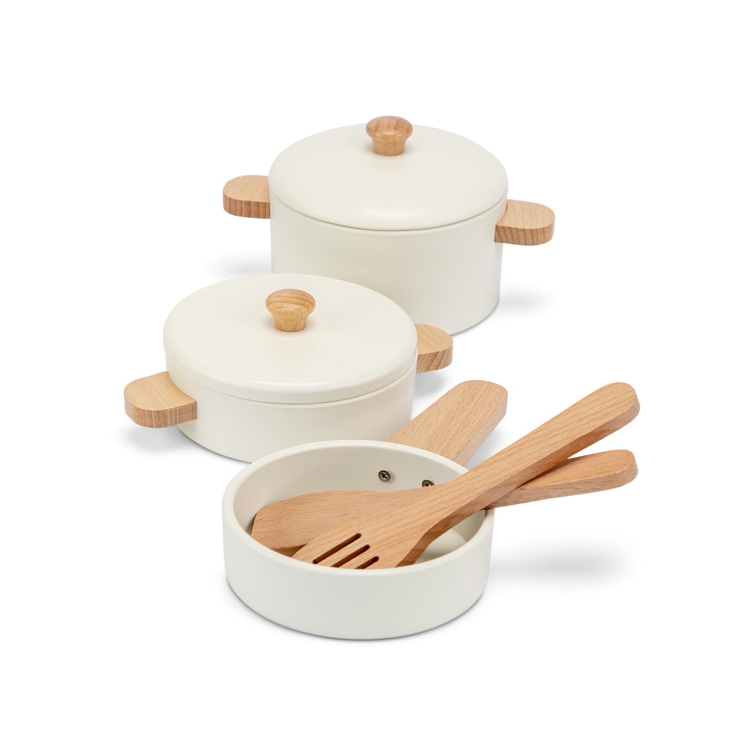 Woet® Set de Casseroles et Poêles en Bois pour Tout-Petits – Jouet de Cuisine Blanc 7 Pièces FSC – Accessoires de Cuisine d’Imitation – À Partir de 2 Ans – Cadeau pour Enfants