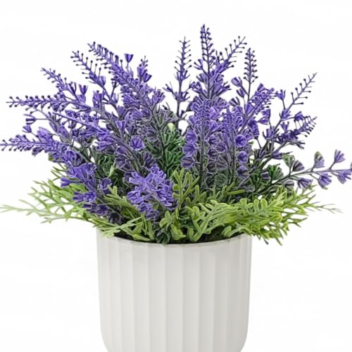 Image of CURATED CART Artificial Lavender Plant in White Pot - Faux Purple Lavender Flowers for Home Decor - Small Fake Plants for Bathroom, Bedroom, Kitchen, Office, Farmhouse - Potted Indoor Decor