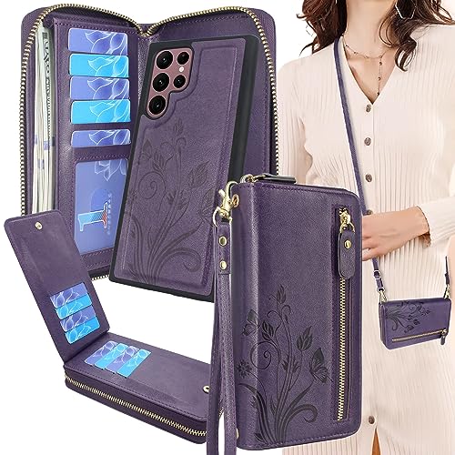 Lacass Compatible with Samsung Galaxy S22 Ultra 5G 2022 Crossbody Chain Dual Zipper Detachable Magnetic Leather Wallet Case Cover Wrist Strap 13 Card Slots Money Pocket(Floral Dark Purple)