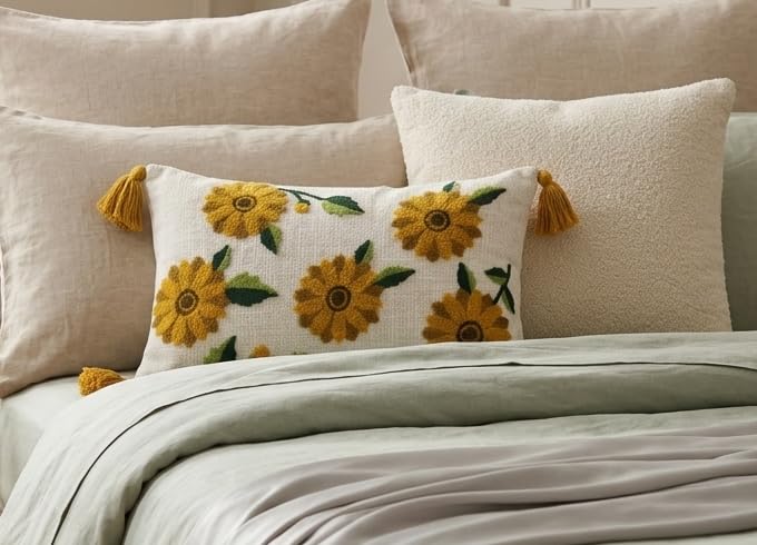 Image of Furnistitchs Boho Rectangle Cushion Cover 12x20 inches | Handmade Decorative Throw Pillow Case | Bohemian Home Decor Sofa Bed Cushion Cover Living Room Bedroom (1, Mustard Floral Buds, 12x20 inches)