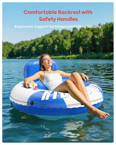 Image of QPAU Inflatable River Tube, 0.4 mm Thickened Puncture-Resistant Heavy Duty River Float, River Raft with Ergonomic Backrest, Mesh Bottom & 2 Cup Holders for Adults and Friends Lake Float