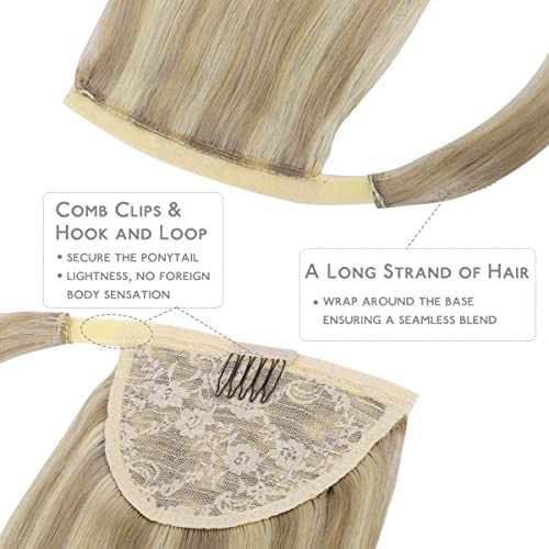 Image of WENNALIFE Ponytail Hair Extension, 14 Inch 80g Light Blonde Highlighted Golden Blonde Ponytail Extension Human Hair Clip in Wrap Around Remy Human Hair Extension Hairpieces