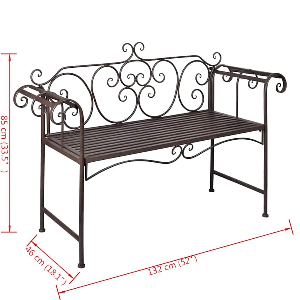 Gartenbank 132 cm aus Metall, 2-Sitzer Sitzbank für Garten, Terrasse & Balkon, wetterfeste Gartenmöbel Bank im Antik-Design mit Schnörkel-Verzierungen, Farbe: Antik Braun