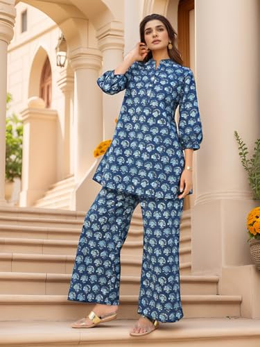 Image of NAINVISH Women's Floral Rayon Blend Co-ord Set | Straight Mandarin Collar Full Sleeve Top & Pant | Elegant Maroon, Blue Style | Ideal for Casual, Lunch, Evening Outings | Ladies Matching Outfit