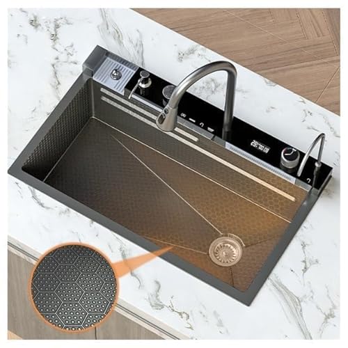 Image of COOTER 30 inch x 18 inch x 9 inch Fully Equipped Kitchen Sink with Integrated Waterfall and Pull-down Faucets with 304 Grade Stainless Steel Nano Black Finish Sink with LED Pannel and Digital Display (PIANO)