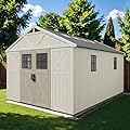 Patiowell 10 x 14 FT Outdoor Storage Shed, Plastic Shed with Floor and Skylight, Resin Storage Shed with Four-Window and Lockable Door for Garden, Patio, Backyard, Beige