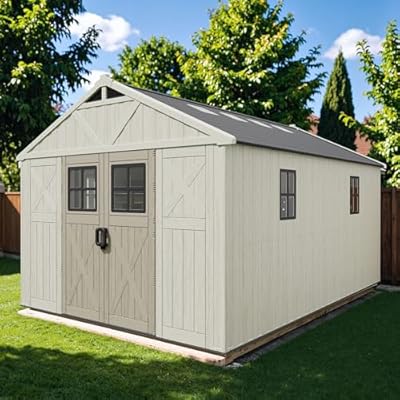 Patiowell 10 x 14 FT Outdoor Storage Shed, Plastic Shed with Floor and Skylight, Resin Storage Shed with Four-Window and Lockable Door for Garden, Patio, Backyard, Beige