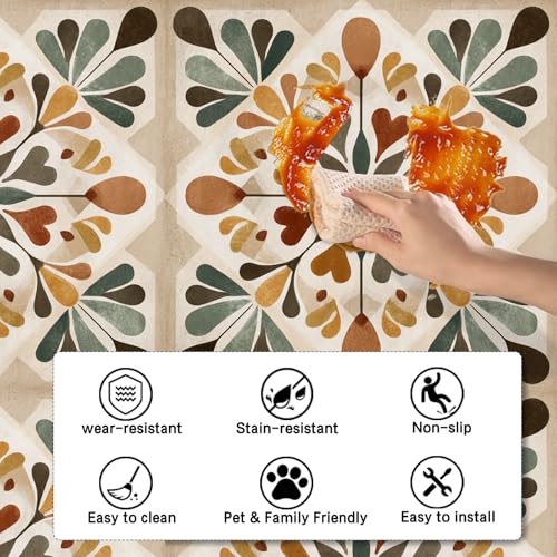 Image of Nuxovilar Peel and Stick Floor Tile,Peel and Stick Vinyl Floor Tiles | 12x12 Inch Retro Geometric Floral Pattern, Self-Adhesive Flooring (10 Pcs)
