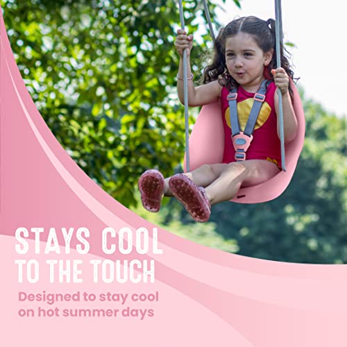 Image of Swurfer Coconut Toddler Swing - Comfy Baby Swing Outdoor, 3-Point Adjustable Safety Harness, Secure, Safe Quick Click Locking System, Blister-Free Rope, Easy Installation, Ages 6-36 Months, Rose Pink
