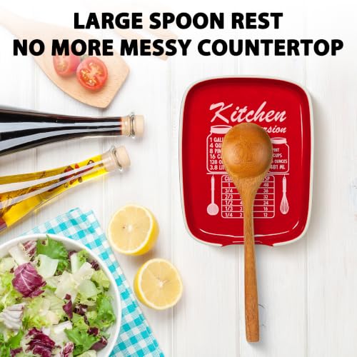 Image of Red Spoon Rest for Stove Top, Ceramic Spoon Holder for Kitchen Counter | Funny Large Cooking Utensil Rest, Conversion Chart Modern Farmhouse Kitchen Decor and Accessories for Cooking Lovers