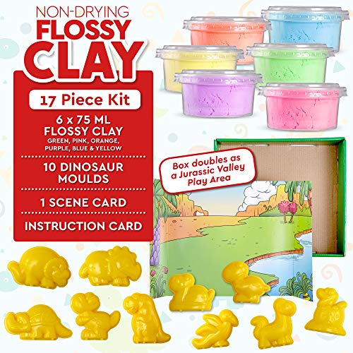 Dragon Drew Kinetic Modeling Clay Sand - 17 Piece Flossy Play Dough Set – 10 Jurassic Dinosaur Plastic Molds - 6 Colors - Reusable, Moldable, Stretchy, Non Sticky, Non Drying, Silky Smooth