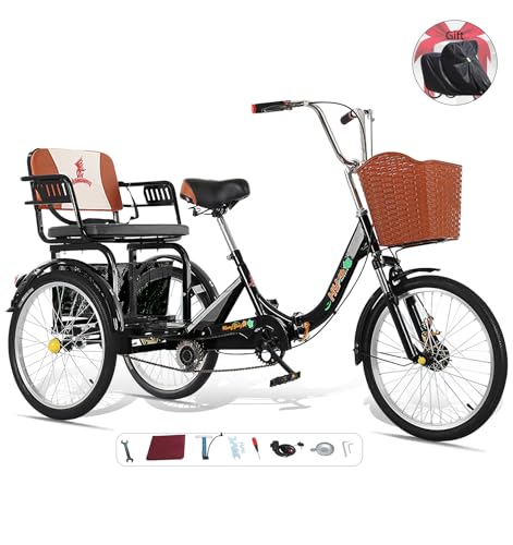 DONGSHAN Adult Tricycle Folding Tricycle,Adult Tricycle with seat for Women, Seniors, Men,20 Inch 3-Wheel Bikes, Cruiser Bike with Shopping Basket,Trike for Shopping, Cycling (Black)