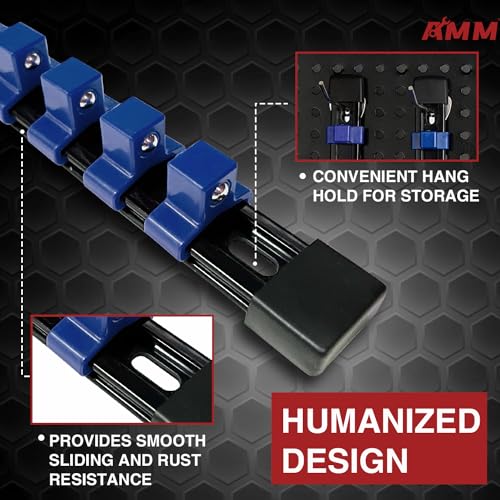 Image of AMM 9-Piece Socket Organizer, 1 /2 inch, 3 /8 inch and 1 /4 inch Drive ABS Tools-Blue Socket Holder,Heavy Duty Socket Racks, Premium Quality Socket Clip Rail Holder,The best tool trays in the garage