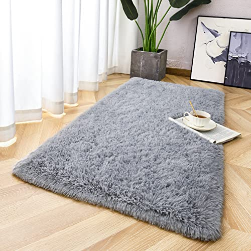 Chicrug Soft Runner Rug for Bedroom Living Room Plush Fluffy Rug 2x3 Feet, Shag Furry Runner Carpet Non Shedding for Nursery Children Kids Girls Room Home Decorative, Gery