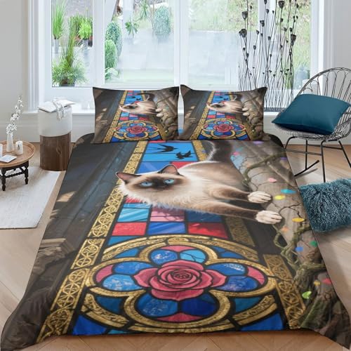 Juego De Ropa De Cama Microfibra 3D, Funda Nórdica Gato balinés, Juego De Funda De Edredón con Cremallera Oculta Double（200x200cm）