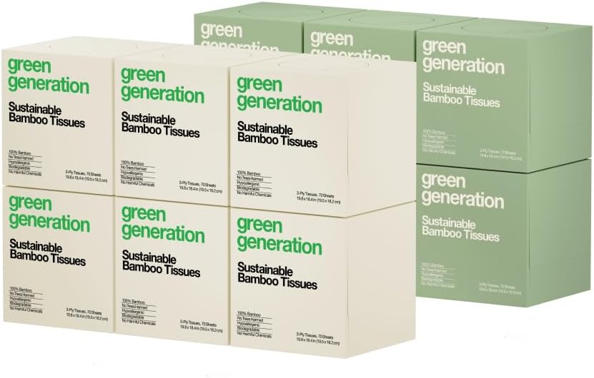 Green Generation Bamboo Facial Tissues - 3-Ply Bamboo Tissue, 70 Sheets per Box, 12 Multicolor Boxes, 840 Unscented Soft Face Tissues for Daily Use - Hypoallergenic, Organic, FSC Certified