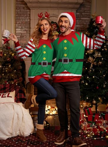 Arvilhill Mens Ugly ELF Stripe Christmas Sweatshirt Unisex Tacky 3D Graphic Print Hilarious Funny Sweater Holiday Jumper L2