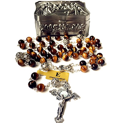 elegantmedical Bali Sterling Silver Beads & Tiger Eye GIFT CATHOLIC ROSARY CROSS NECKLACE BOX2