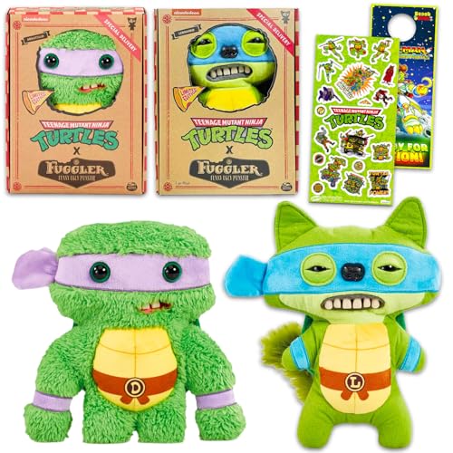 Fuggler Teenage Mutant Ninja Turtles Plushies Set for Kids - Bundle 2 Fuggler Donatello and Leonardo 9 Inch Dolls, Plus Sticker & More | TMNT Funny Ugly Plush Set for Boys, Girls