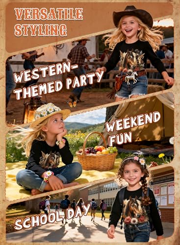 Image of Girls Western Horse T-Shirts - Cute Cowgirl Outfit Kids Short Sleeve Shirts Funny Tops Rodeo Toddler Summer Tee