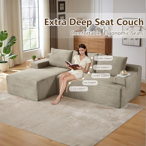 Image of 96.1 inch Modular Sectional Sofa Couches L-Shape Couch 3 Seat Modular Sofa Corduroy Memory Foam Sectional Boneless Couches for Living Room, Cloud Couch with Oversized Chaise(Camel, Left Facing)