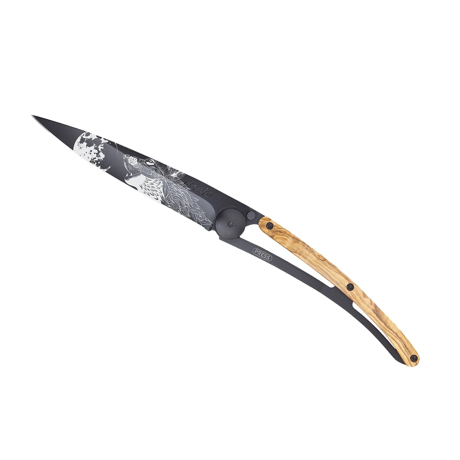 deejo - Couteau de Poche Pliant 37g avec Clip Ceinture - Manche en Bois d’Olivier, Lame en Acier Inoxydable Z40C13 - Motif Hurlement - Couteau de Table, Randonnée, Camping, Bivouac