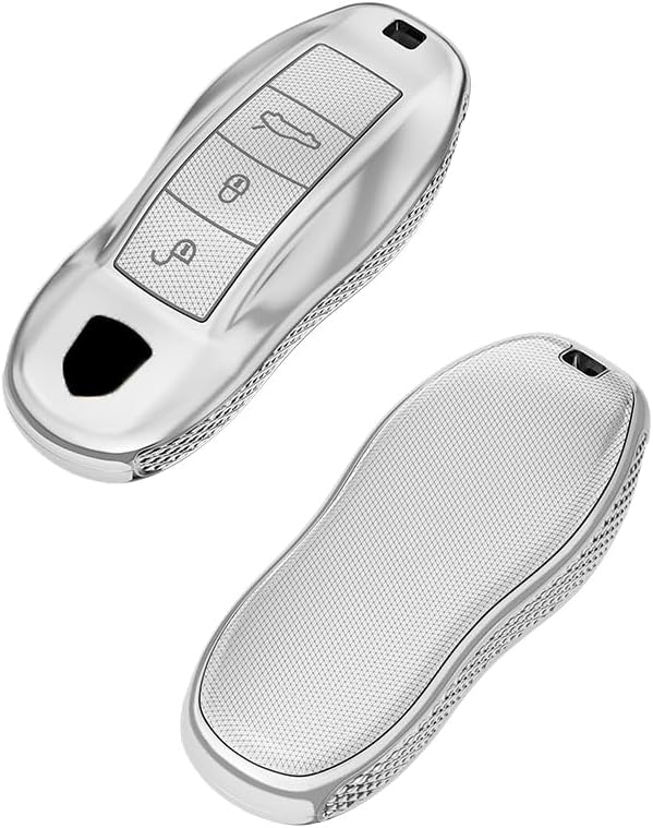 SANRILY Plating Smart Key Case Cover Compatible with Porsche Macan 2017 2024 Cayenne Panamera 911 Keyless Key Fob Shell with Bling Weave Keychain Silver