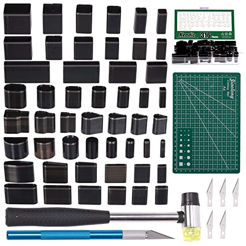 Keadic Ensemble de 52 matrices de poinçons à un trou avec boîtier de rangement en plastique, outils de poinçonnage creux en cuir pour artisanat en cuir...