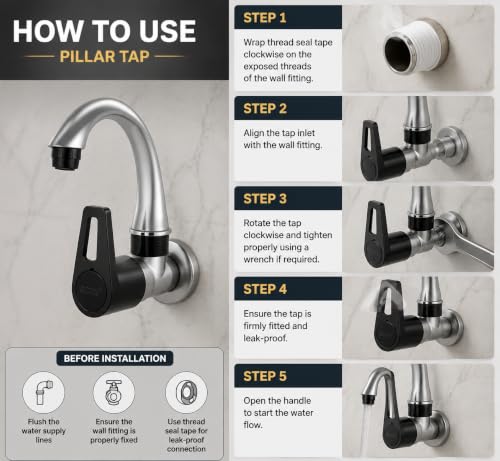 Image of MONIT Sink Cock Tap for Kitchen & Bathroom - Big Neck Faucet for Wash Basins with Teflon Tape, Metallic Grey - Black Dual with teflone taps