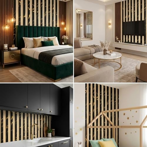 Image of 3D Black & Gold Marble Striped Wallpaper Roll - 45x500 cm Wood Texture Vertical Line Design PVC Waterproof Peel & Stick Wall Sticker for Home, Living Room, Office, TV Background - Self Adhesive