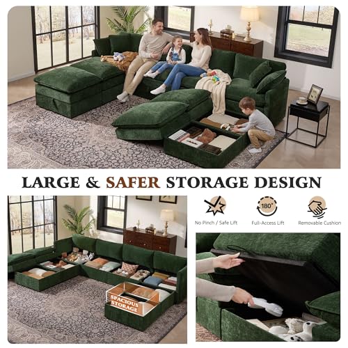 Image of Ihanherry 135 inch Oversized Sectional Sofa Bed with Storage, 8-Seater Modular Cloud Couch with Movable Ottomans, Chenille Deep Seat Sleeper Couches for Living Room (Green)