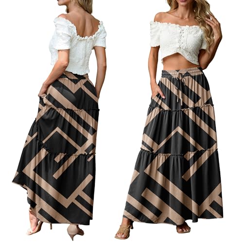 Image of Lepunuo Womens Casual Boho High Waisted Flowy Maxi Skirts Tiered Floral Long Skirts with Pockets for Summer Beach Vacation