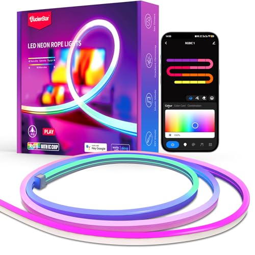 Image of RGB+IC Neon Rope Lights, 16.4 ft Smart LED Rope Light with Music Sync, Works with Alexa, Google Assistant, Custom DIY Flexible Neon Strip Lights for Bedroom, Wall Decor (2.4G WiFi Only)