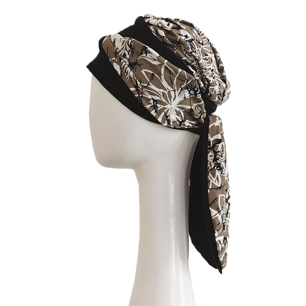 Carebell Smooth Paint Flowers Turban Bonnet oncologique en coton pour chimiothérapie ou alopécie, Noir, blanc, marron, Taille Unique