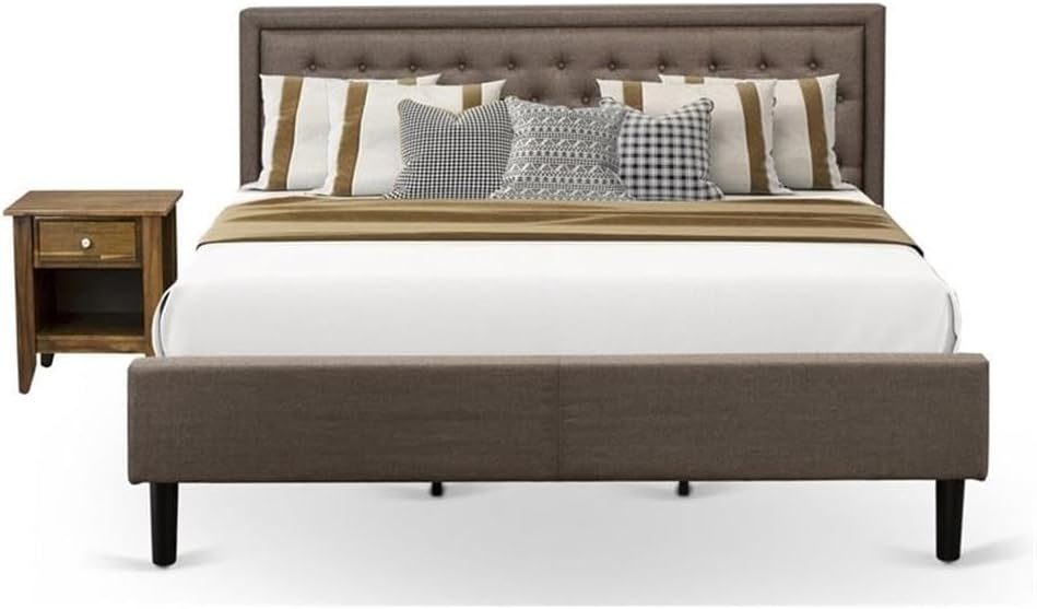 East West Furniture KD18K-1VL07 2 Piece Wood Bedroom Set - 1 Bed Frame Brown Linen Fabric Padded and Button Tufted Headboard with 1 Nightstand - Distressed Jacobean Finish Nightstand