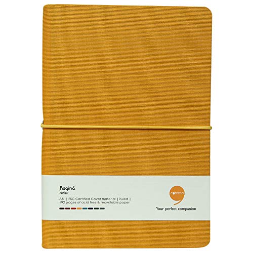 Image of COMMA Regina - A5 Size - Hard Bound Notebook with a Horizontal Elastic Band Closure - 192 Pages - 80gsm Natural Shade Paper - Fabric Cover Material - (Mustard Yellow)