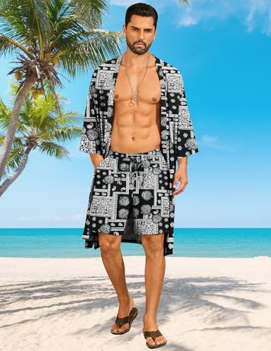 SWOMOG Mens Lightweight Kimono Robe with Shorts Set 2 PCS Printed Japanese Bathrobes Cardigan Robe with Belt & Pockets2