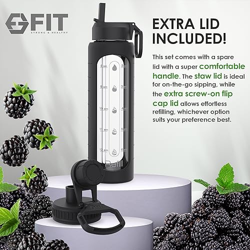 Glass Water Bottle with Time Markings 1 Litre - EXTRA LID, 1l Water Bottles, Waterbottle, Glass Drinking Bottle for Hydration, Reusable, Wide Mouth, Leakproof, BPA Free (Black Sleeve)