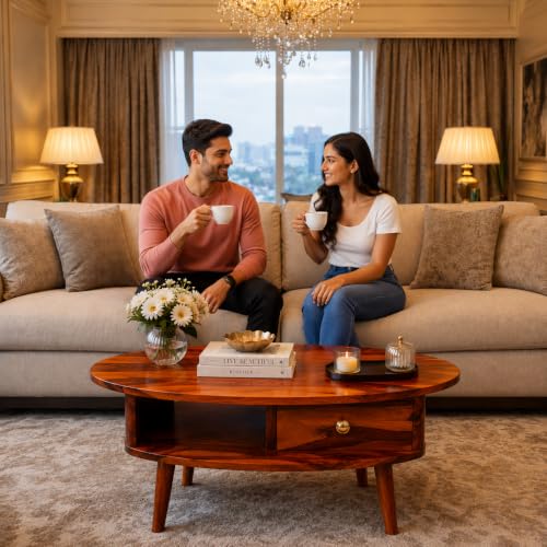 Image of Oval Solid Sheesham Wooden Coffee Table for Home | Living Room Center Table with Storage Shelf & Drawer | Modern Sofa Coffee Table