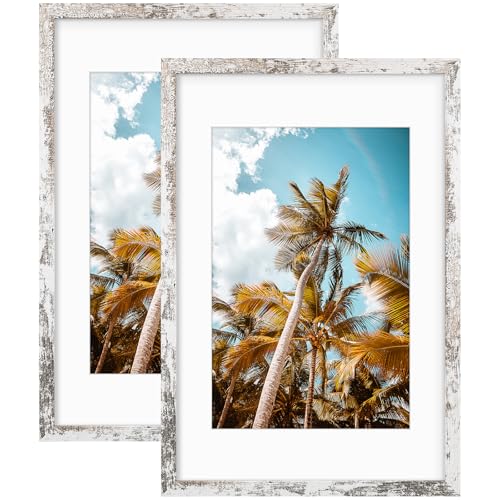 Image of Frametory, 16x24 Picture Frame with Mat for 12x18 Picture- - High Definition Glass Wide Molding - Preinstalled Wall Mounting Hardware (Distressed White, 2 Pack)