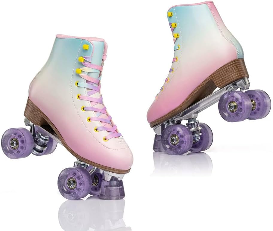 Indoor Roller Skates Women Adult, Microfiber Material Double Row 4 Glowing Wheels Design Roller Derby Skates for Girls and Boys