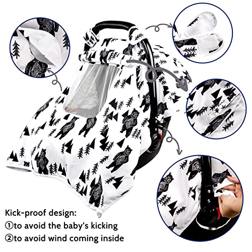 Image of Baby Carseat Cover Boys, Newborn Car seat Canopy, Minky Cozy & Warm Cover, Winter Carrier Cover with Peep Windows, Soft & Breathable, Bear Stuff