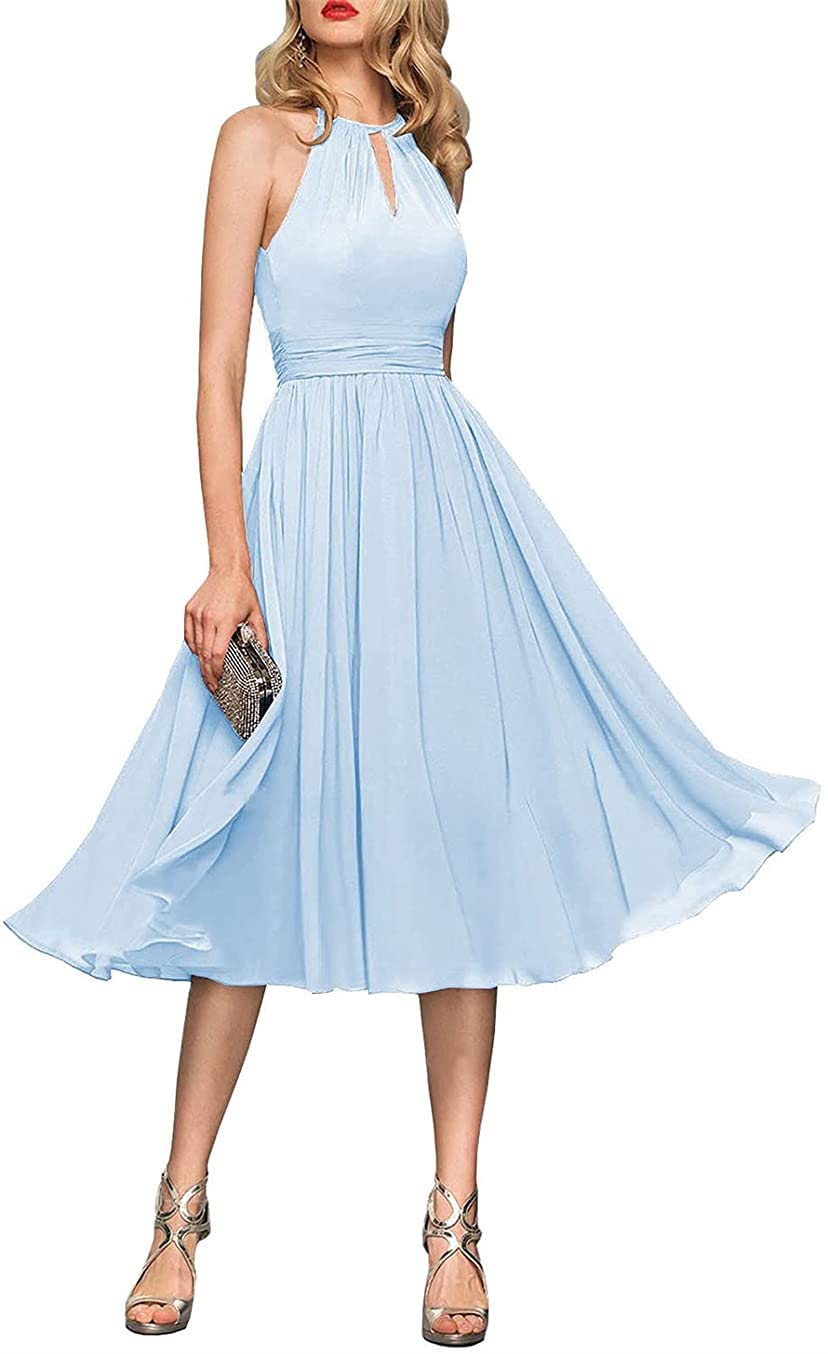 HPPEE Wedding Bridesmaid Dresses for Juniors Short Sleeveless Open Back Prom Cocktail Gowns with Pockets Sky Blue UK10