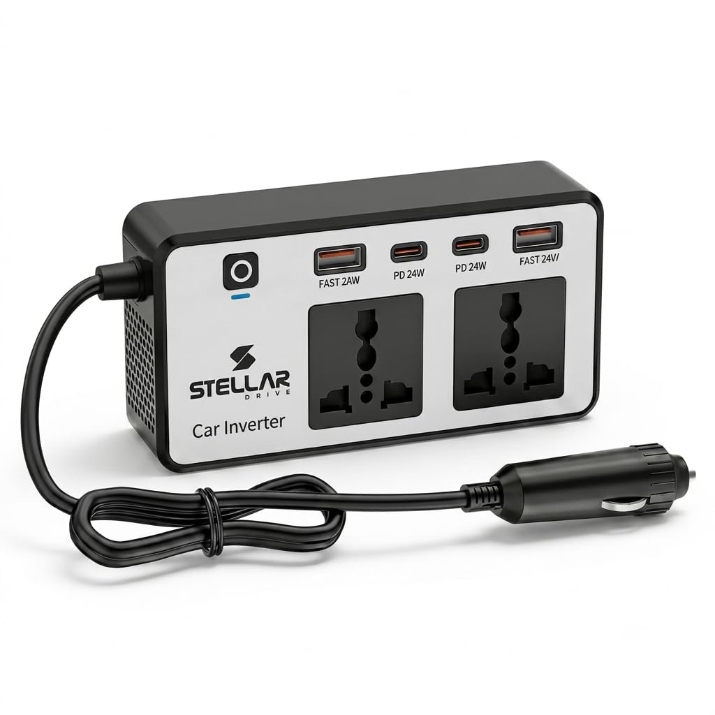 Stellar Drive XC-200 Pro LapDrive 200W Car Power Inverter, 2 AC Outlets + 2 USB-C PD 24W + 2 USB-A QC 24W, 6-Device Car Laptop Charger, Portable Car Inverter for MacBook iPad – Black/Silver-image-22