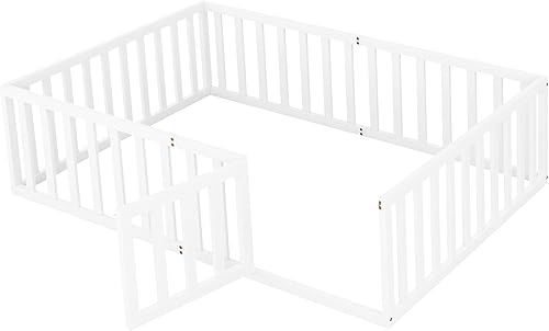 Miniatura 8 de Cama de suelo para niños de tamaño matrimonial con valla, cama de madera con puerta, barandillas en forma de valla, cama de valla para niños, fácil