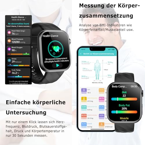 2026 Neue Smartwatch EKG+HRV/Harnsäure/BMI Herren Damen 1,97" AMOLED Gesundheitsuhr mit Telefonfunktion 24H Herzfrequenz SPO2 ΒΙutdruck Körpertemperatur BΙυtzυcker Schlaf/Apnoe-Monitor Fitnessuhr – Bild 4